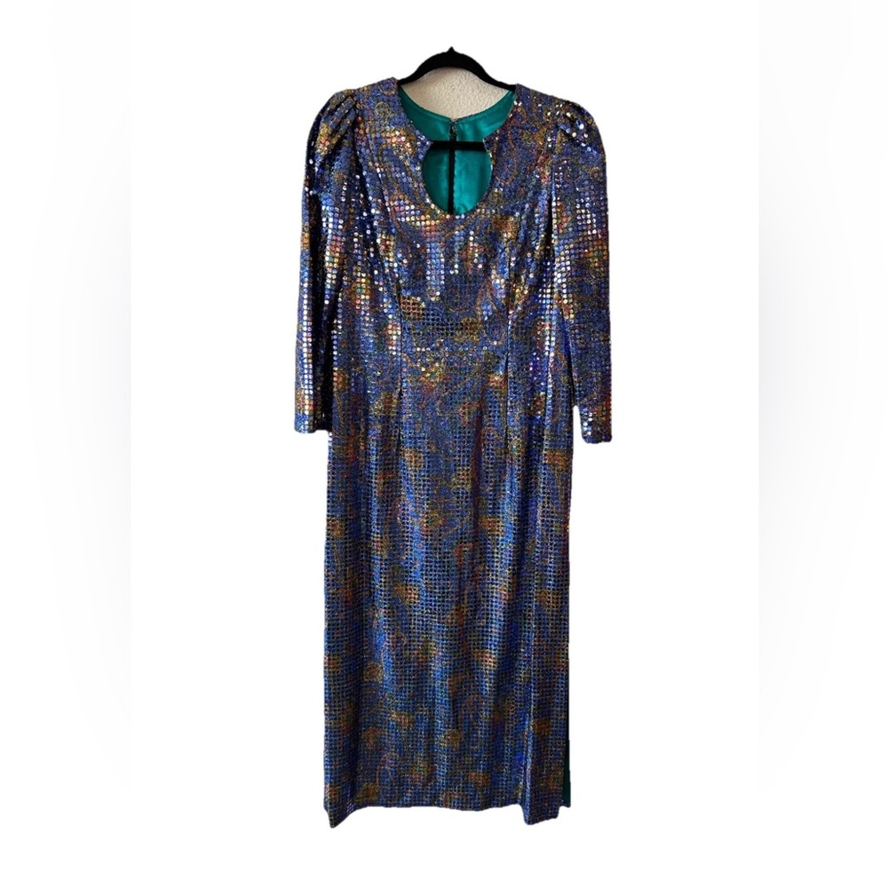 VTG 70s Disco Sequin Maxi Dress Purple Metallic Paisley Slit Handmade Medium LS
